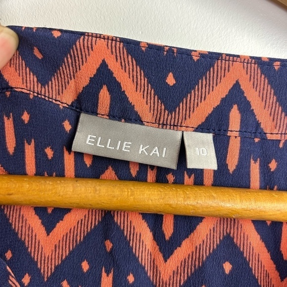 Ellie Kai 100% Silk Sz 10 Zigzag Pattern Boho Long Sleeve Top blouse Orange/Blue - Picture 6 of 9